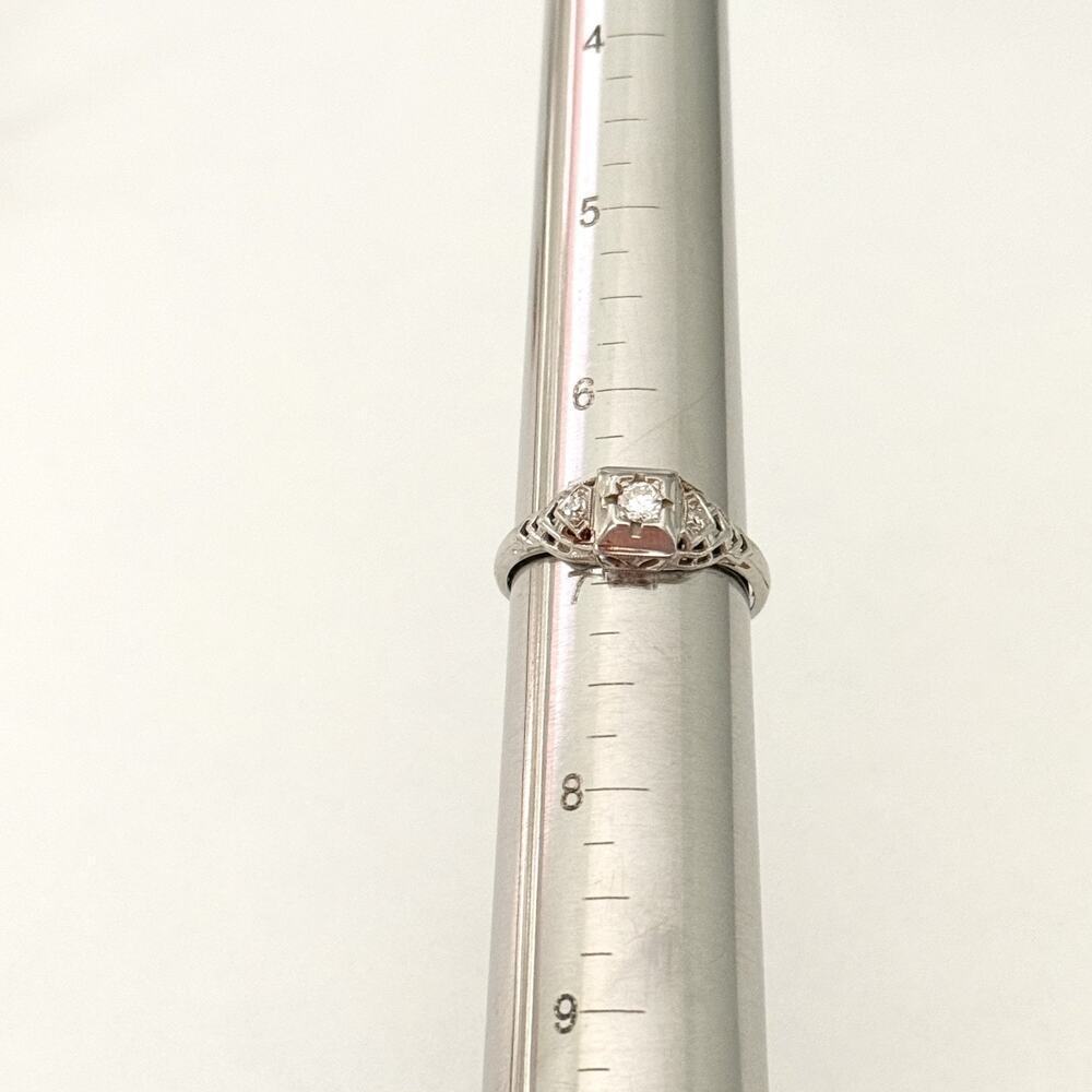 Vintage Art Deco 18K White Gold Diamond 3 Stone Filigree Band Ring Size 6.75 - Picture 11 of 16